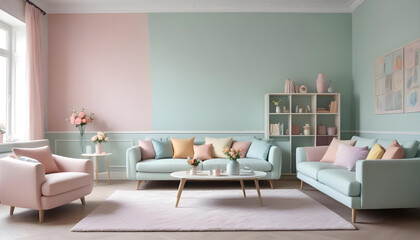 a modern living room with a couch and a coffee table with pastel color