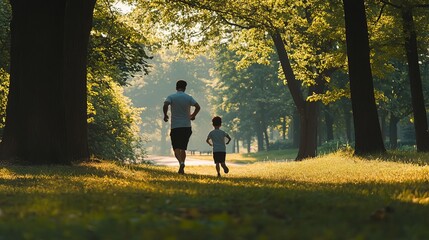 A father and his sons running in the park, captured from behind with their backs to us. They have black jackets on. The photo was taken during golden hour, warm tones of orange and yellow.