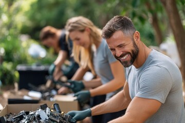 An enthusiastic man is actively sorting through electronic waste in a vibrant outdoor environment, promoting eco-friendly practices and community involvement.