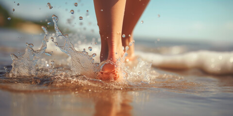 female feet on the sand at the beach Generative AI