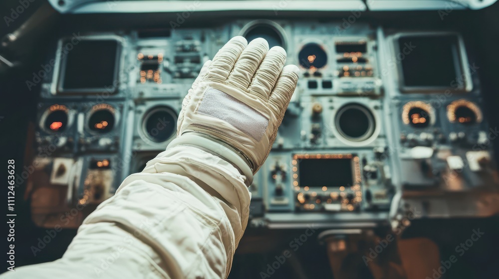 Poster astronaut hand gesture inside spacecraft cockpit displaying control panel and instrumentation for in