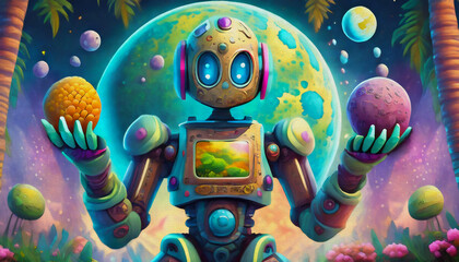 oil painting cartoon character illustration A robotic figure holding up an image of the moon 