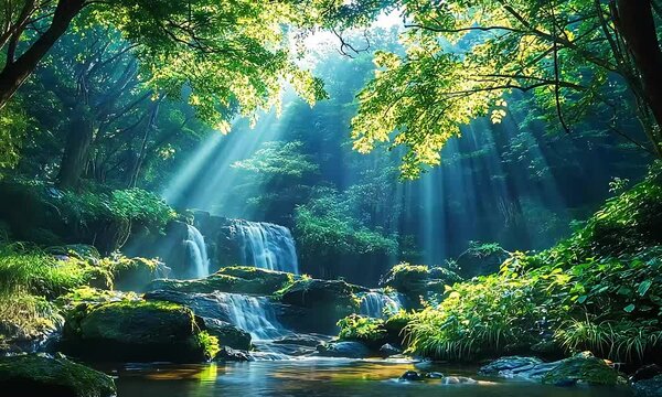 Kikuchi Valley: Waterfall and Sunrays Illuminating the Forest in Japan