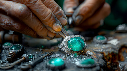 Artisan Craftsman Working with Fine Emerald Jewelry and Tools