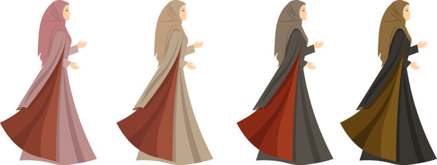 Muslim woman in hijab. Muslim woman in traditional Muslim clothing in different colors. Muslim women in traditional hijabs. Vector people.