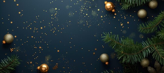 Fototapeta premium fir tree branches with golden balls and confetti on navy blue background 17