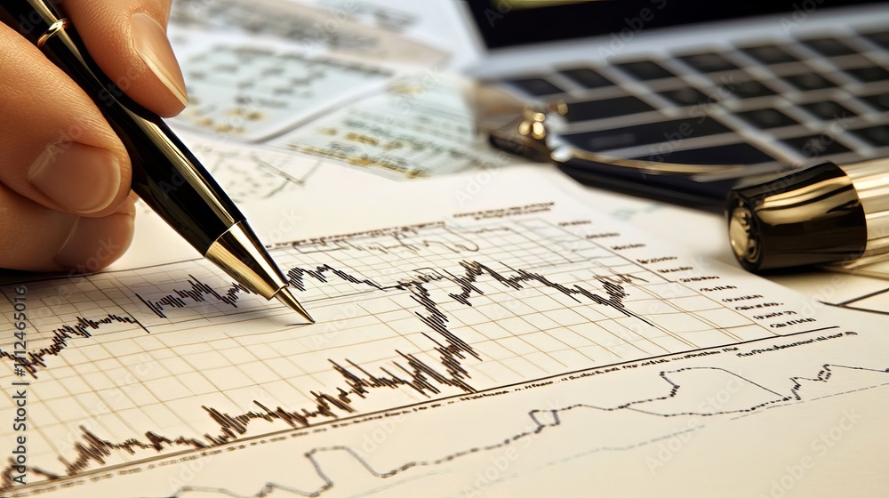 Poster a close-up of an open financial document with graphs and charts, showing a hand holding a pen and po