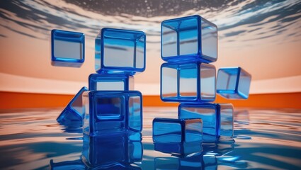 Blue Transparent Cubes in Virtual Space Above Calm Water Surface