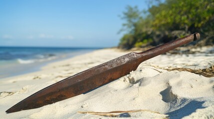 Ancient harpoon resting on sandy beach, partially buried with weathered wooden handle and rusted metal tip, evoking historical maritime heritage and archaeological significance.