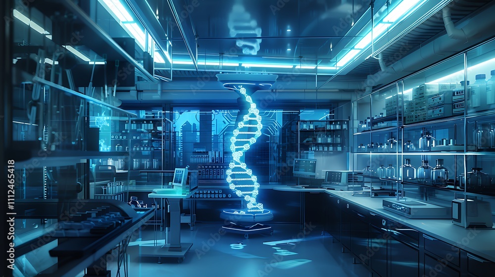 Poster a high-tech laboratory with a holographic display of a dna double helix floating in the center of th