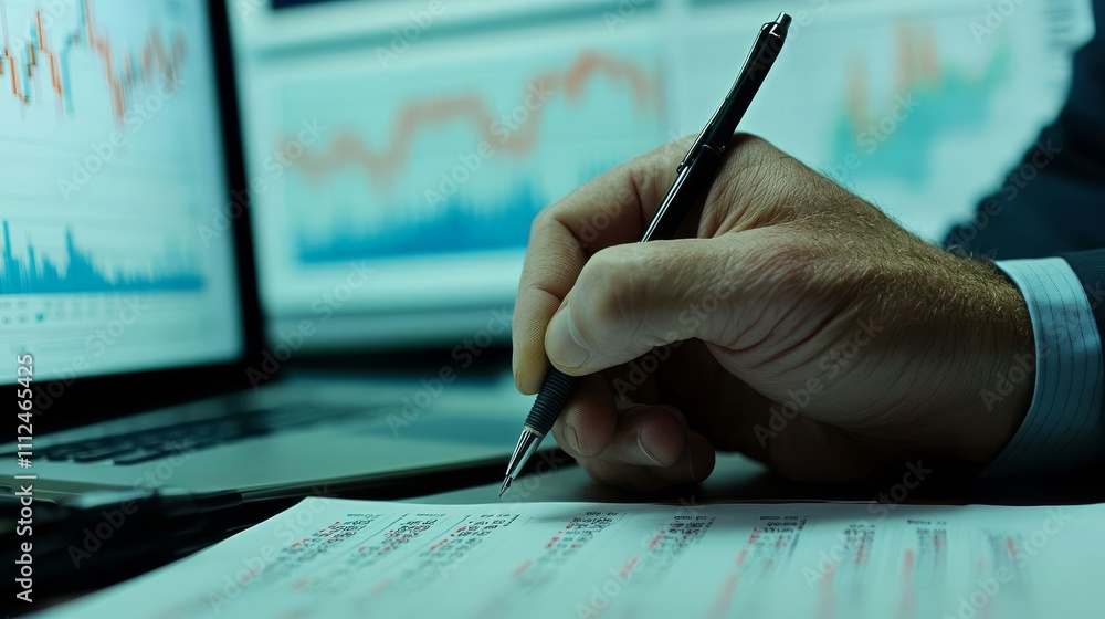 Poster a close-up of an open financial document with graphs and charts, showing a hand holding a pen and po
