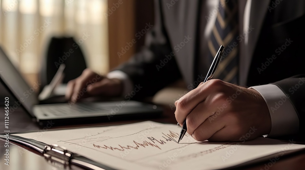 Poster a close-up of an open financial document with graphs and charts, showing a hand holding a pen and po