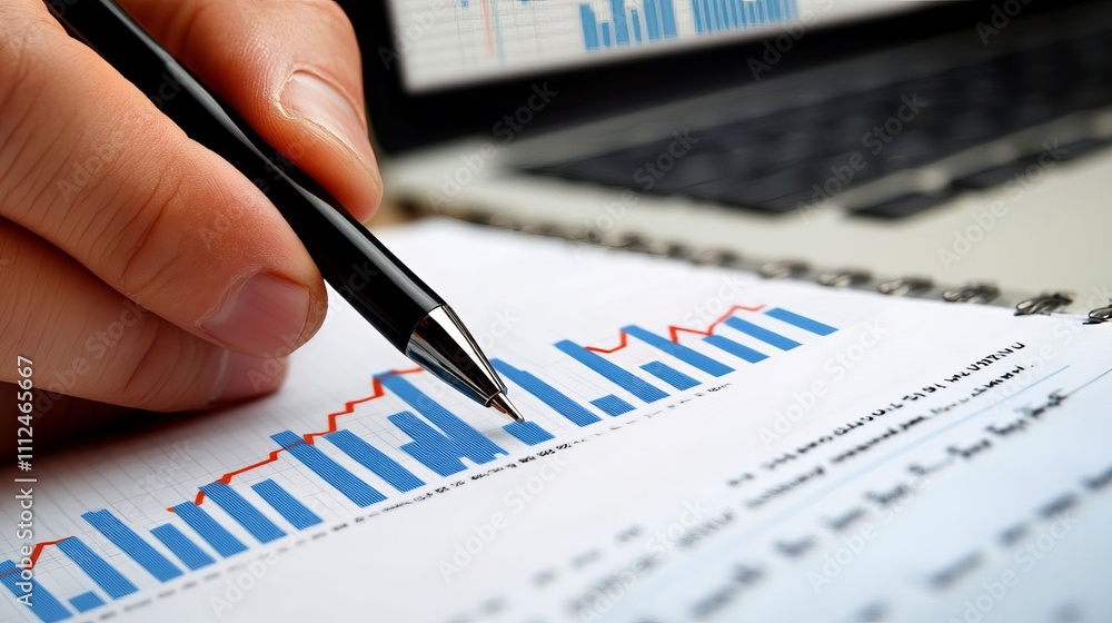 Poster a close-up of an open financial document with graphs and charts, showing a hand holding a pen and po