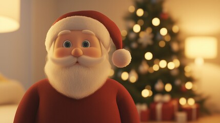 Animated Santa Claus With Christmas Tree Background Highlighting Augmented Reality Feature For Holiday Celebrations And Festive Home Decor Concepts