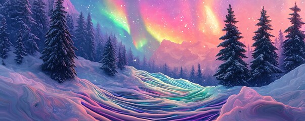 Snowy Landscape with Pine Trees and Vibrant Northern Lights in a Rainbow-Inspired Digital Art Style