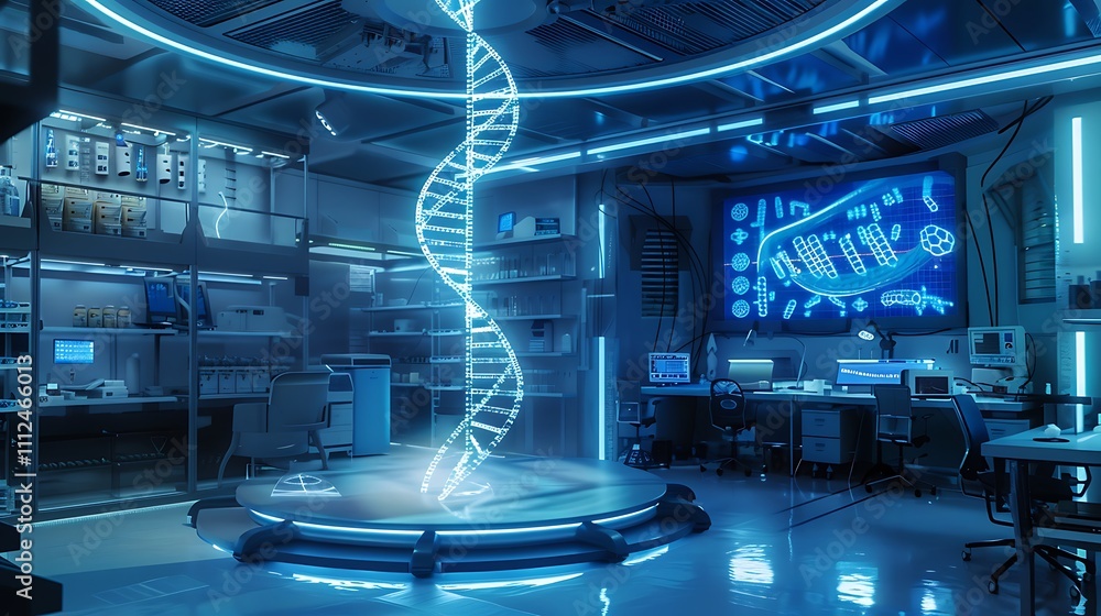 Poster a high-tech laboratory with a holographic display of a dna double helix floating in the center of th