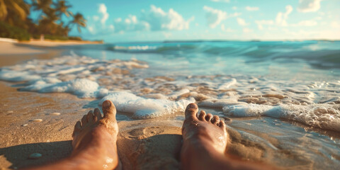 female feet on the sand at the beach Generative AI