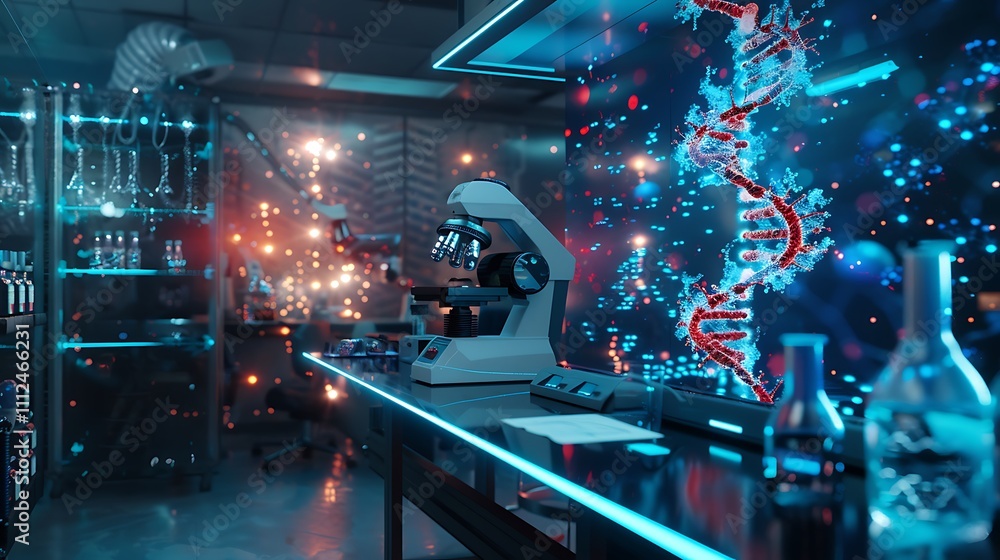 Aufkleber a high-tech science lab with a holographic projection of a dna double helix and neurons firing