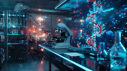 A high-tech science lab with a holographic projection of a DNA double helix and neurons firing