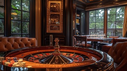 Obraz premium A luxurious roulette table in an elegant gaming room with a dining area.