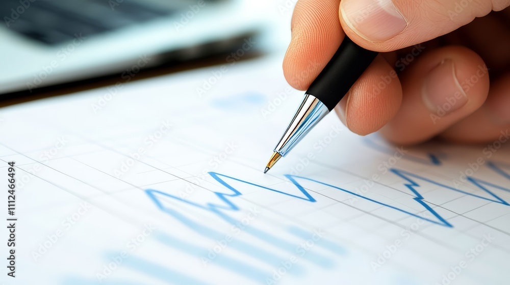 Poster a close-up of an open financial document with graphs and charts, showing a hand holding a pen and po