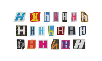 Set of cut-out letter “H” from magazines on a transparent background, retro y2k ransom font style