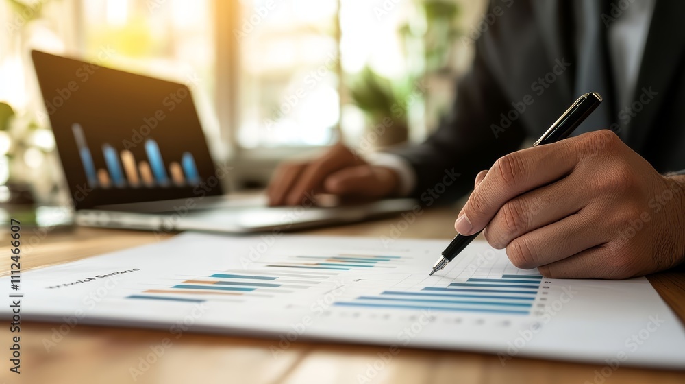 Poster a close-up of an open financial document with graphs and charts, showing a hand holding a pen and po