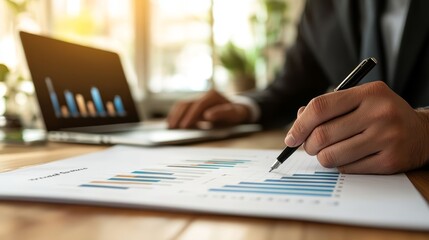 A close-up of an open financial document with graphs and charts, showing a hand holding a pen and pointing at data on the screen, symbolizing high-level business analysis.