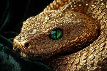 Fototapeta premium Golden snake with green eyes on dark velvet