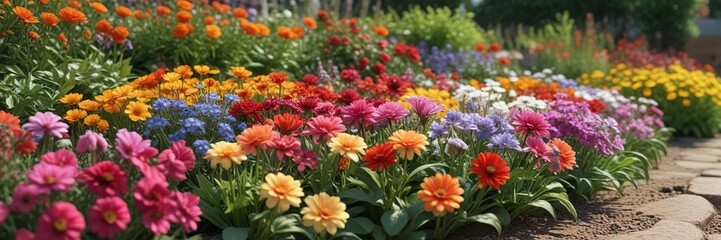 a variety of colorful flowers in a garden bed, floral arrangement, colorful flowers, blooming flowers