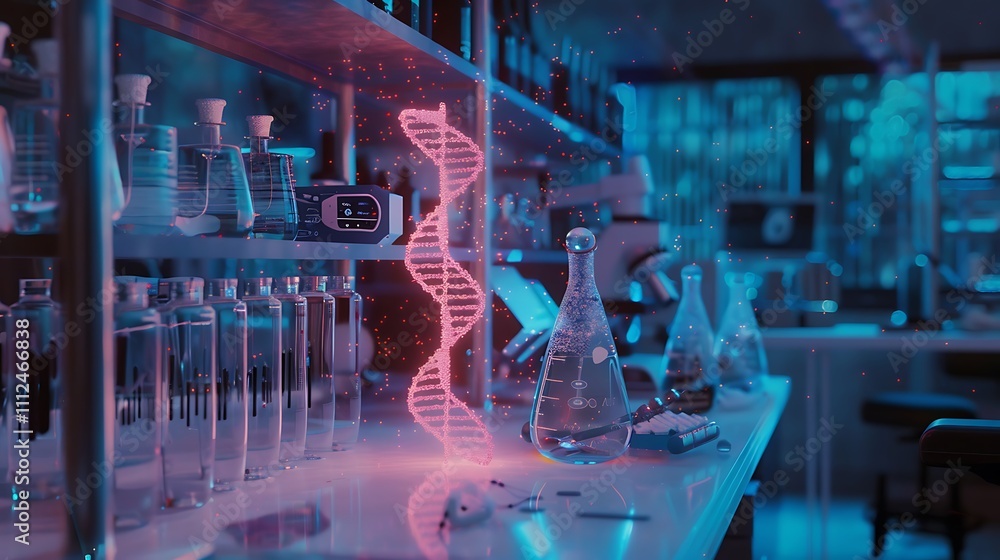 Poster a high-tech science lab with a holographic projection of a dna double helix and neurons firing