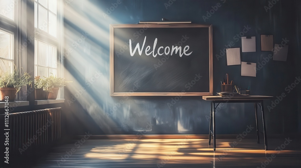 Poster warm and inviting classroom setting with sunshine streaming through windows, chalkboard welcoming st