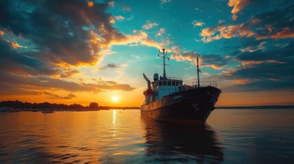 Obraz premium A ship silhouetted against a vibrant sunset over calm waters.