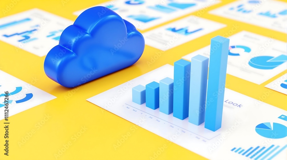 Poster cloud and graphs representing cloud budgeting and financial analytics