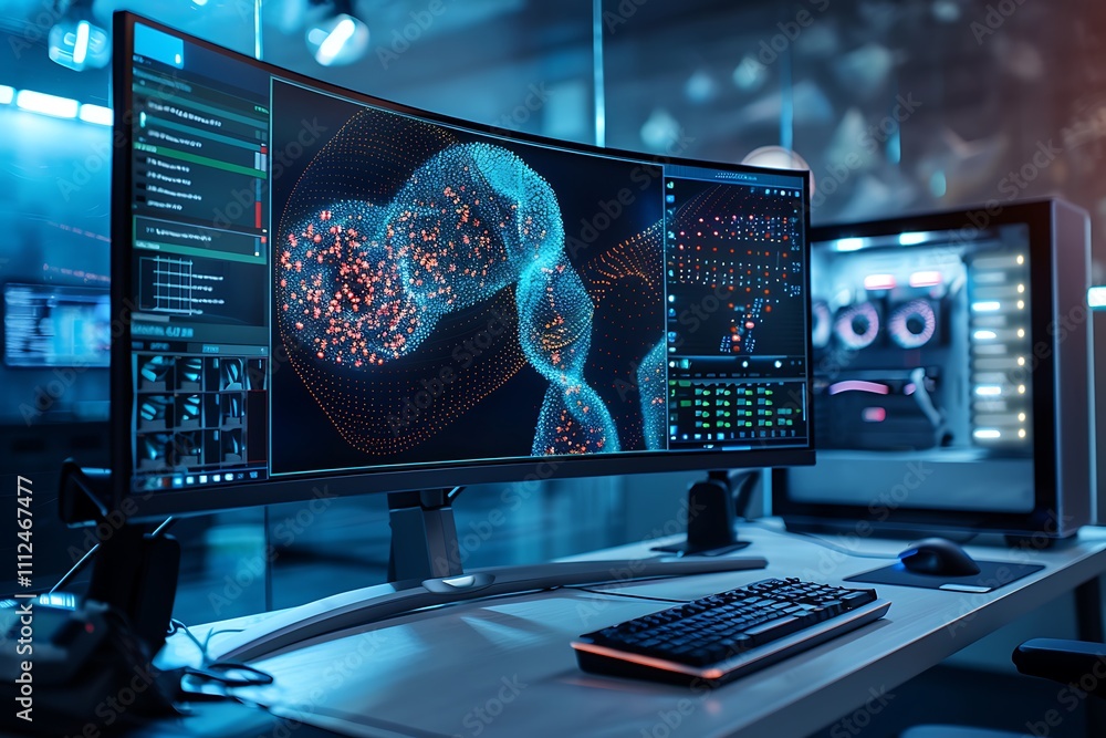 Poster a high-tech workstation with a curved monitor showing a detailed neural network simulation and dna a