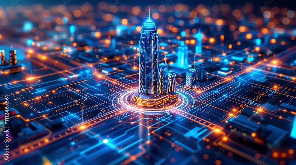Poster futuristic abstract city model showcasing gis geodata mapping concept with digital layers and urban 