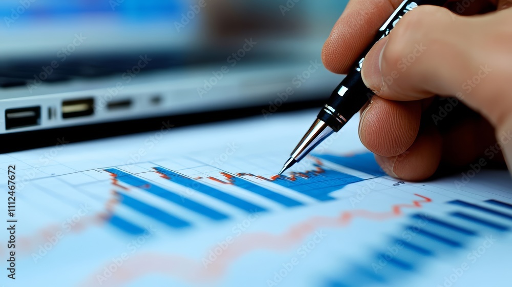 Poster a close-up of an open financial document with graphs and charts, showing a hand holding a pen and po