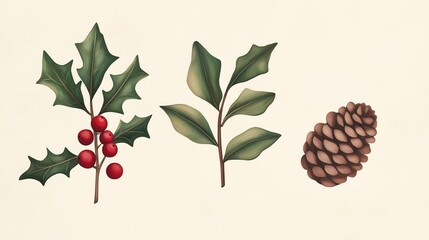 Detailed Botanical Illustrations of Holly, Leaf, and Pinecone on Cream Background for Nature Studies and Seasonal Art Projects, Featuring Vivid Colors and Realistic Style for Winter and Holiday Decor