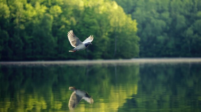 A peaceful scene of a dove flying above a calm lake, reflected in the water below, with green trees around