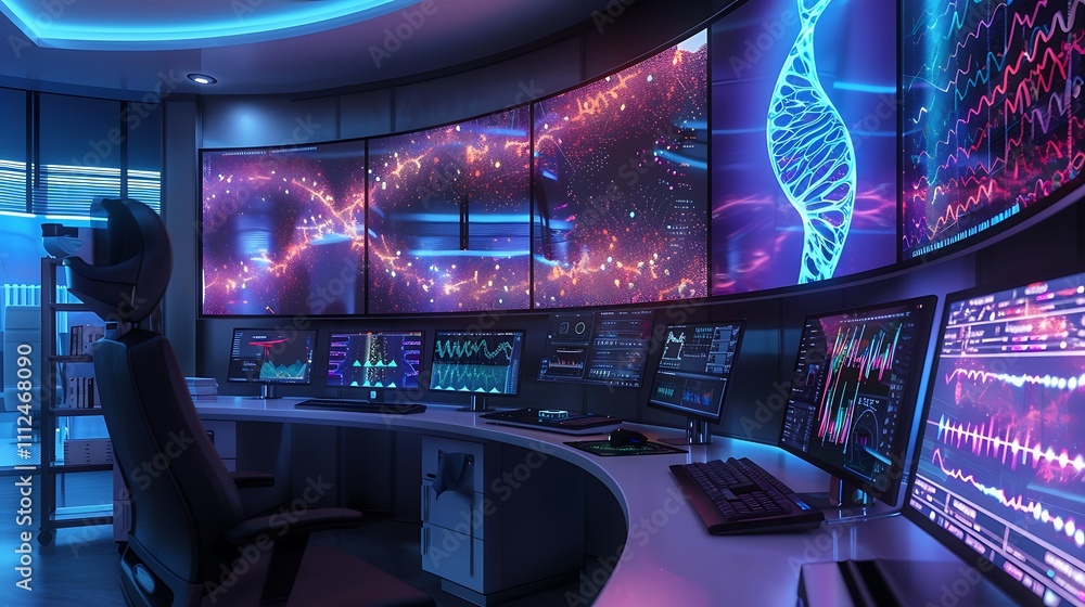 Poster a high-tech workstation with a curved monitor showing a detailed neural network simulation and dna a