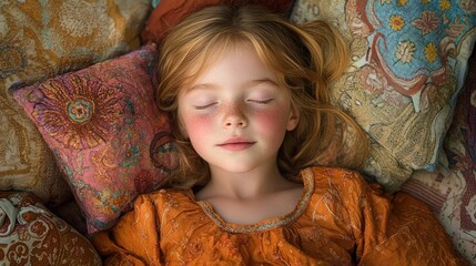 A serene child peacefully resting on colorful pillows, exuding calm and tranquility.