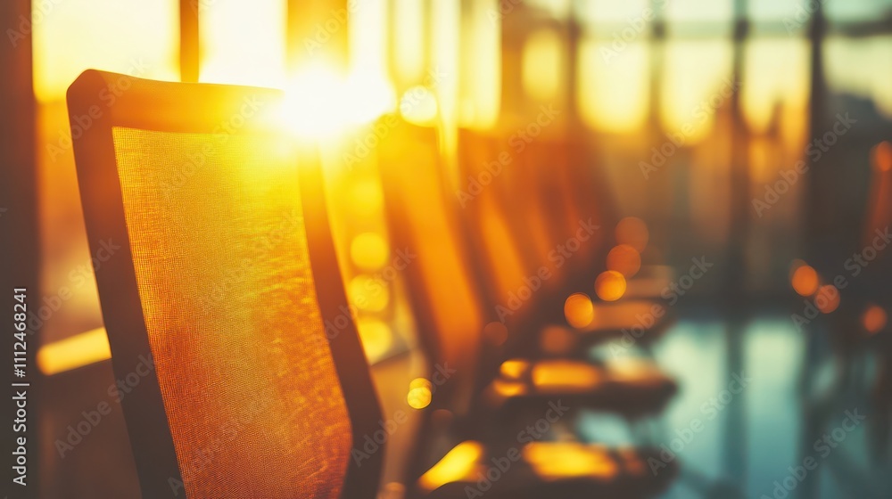 Poster sunlight streams through modern interior space illuminating empty chairs in a quiet waiting area, cr