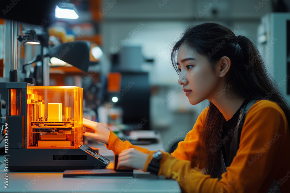 Aufkleber young engineer working on a 3d printer in a modern lab during evening hours