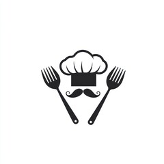 Chef hat, mustache, and forks icon.
