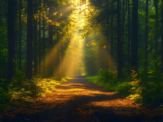 Obraz premium A tranquil forest path surrounded by lush green trees and ferns, illuminated by golden sunlight breaking through the morning mist