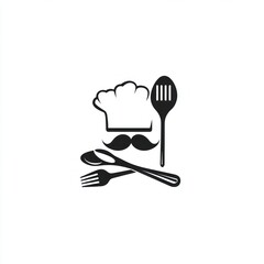 Chef's hat, mustache, spoon, fork, cooking.