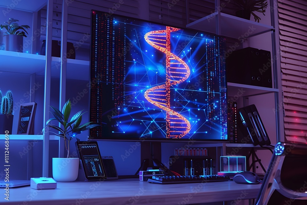 Poster a holographic display of a dna double helix hovering above a minimalist desk, surrounded by sleek ga