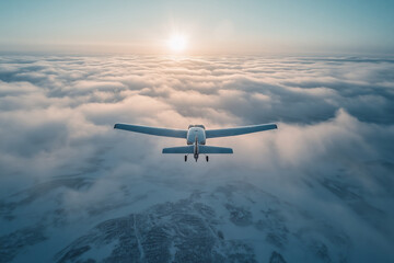 Obraz premium Journey above the fluffy clouds at dawn with a serene plane ride