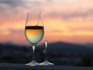 Obraz premium A crystal glass of white wine is positioned against the soft pastels of a sunset-lit evening , sophistication, crystal, sunset colors
