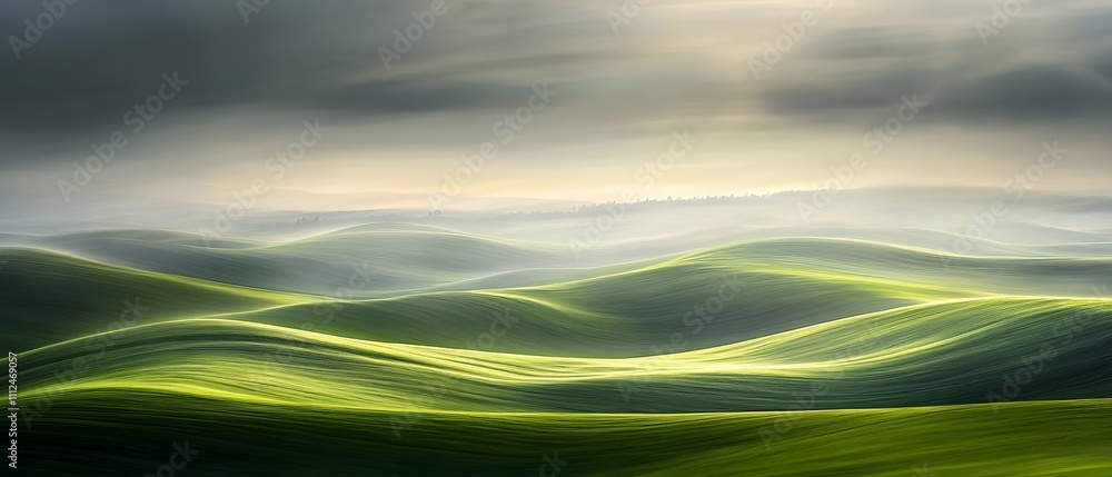 Poster serene and rolling green hills under a soft sky with a gentle light emphasizing the graceful curves 